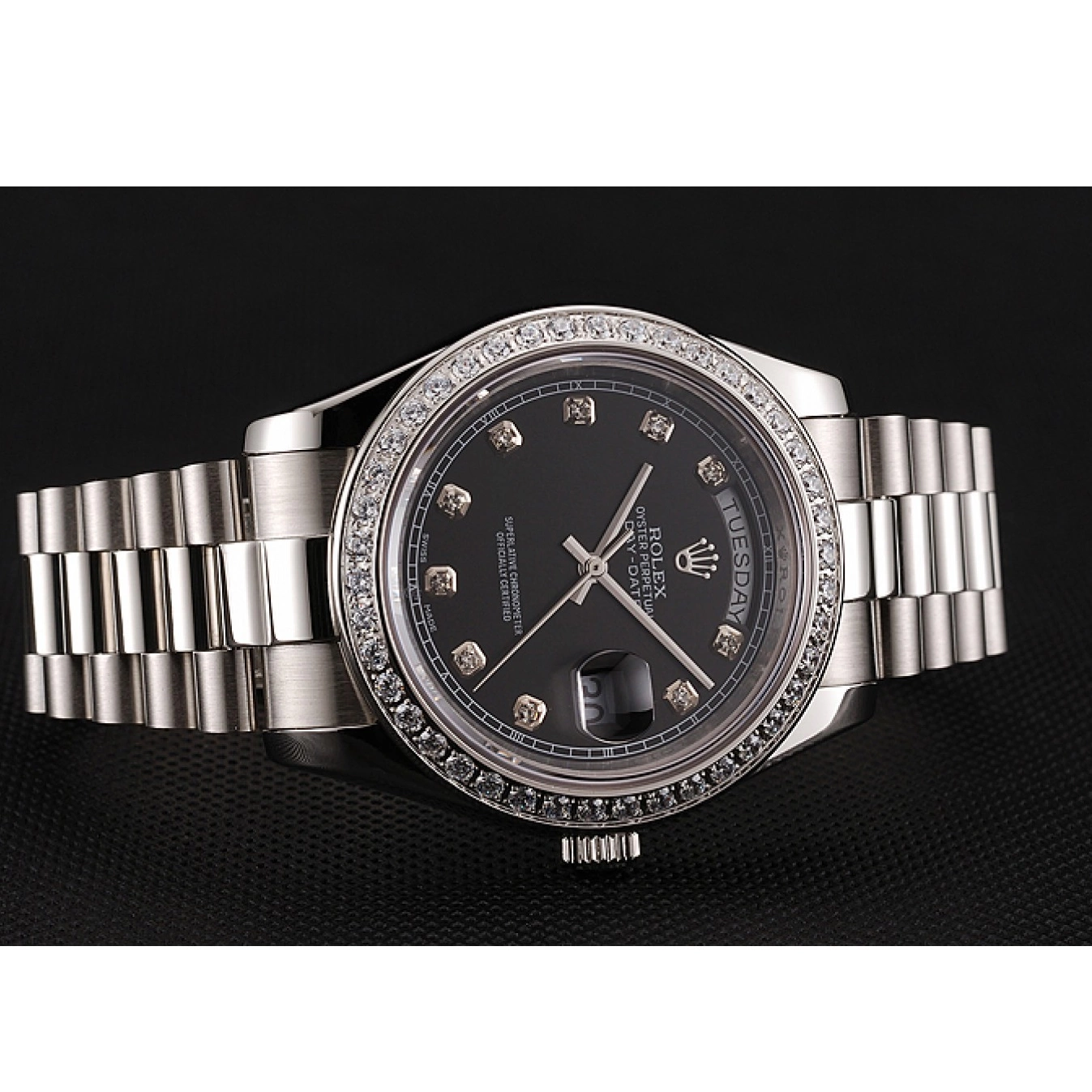 Good copy rolex watches Diamond Numerals Rolex Black Bracelet Day-Date Stainless Case 1453965 Steel Diamond Dial Swiss 0605